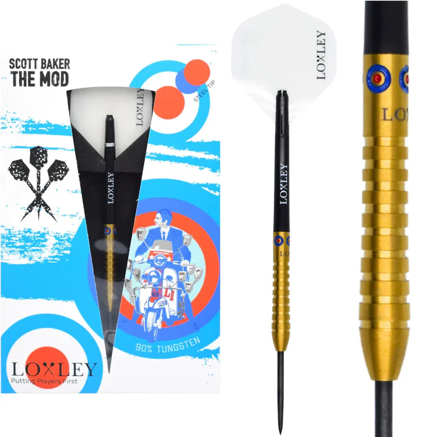 90% tungsten steel tip dart in retail packaging with close-up of gold knurled barrel grip and Loxley flight design