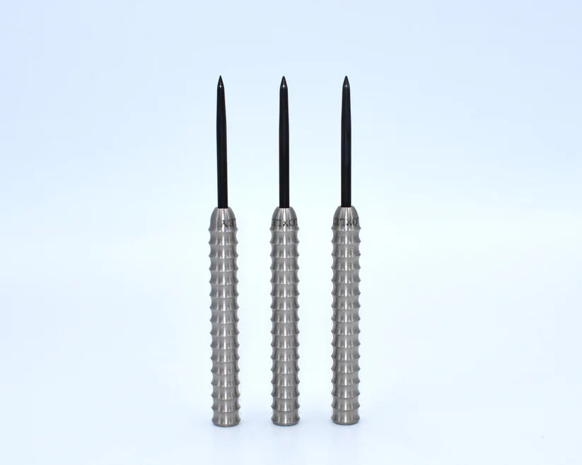 Three 90% tungsten steel tip darts upright, isolated on white background, showcasing aggressive ringed grip barrel design