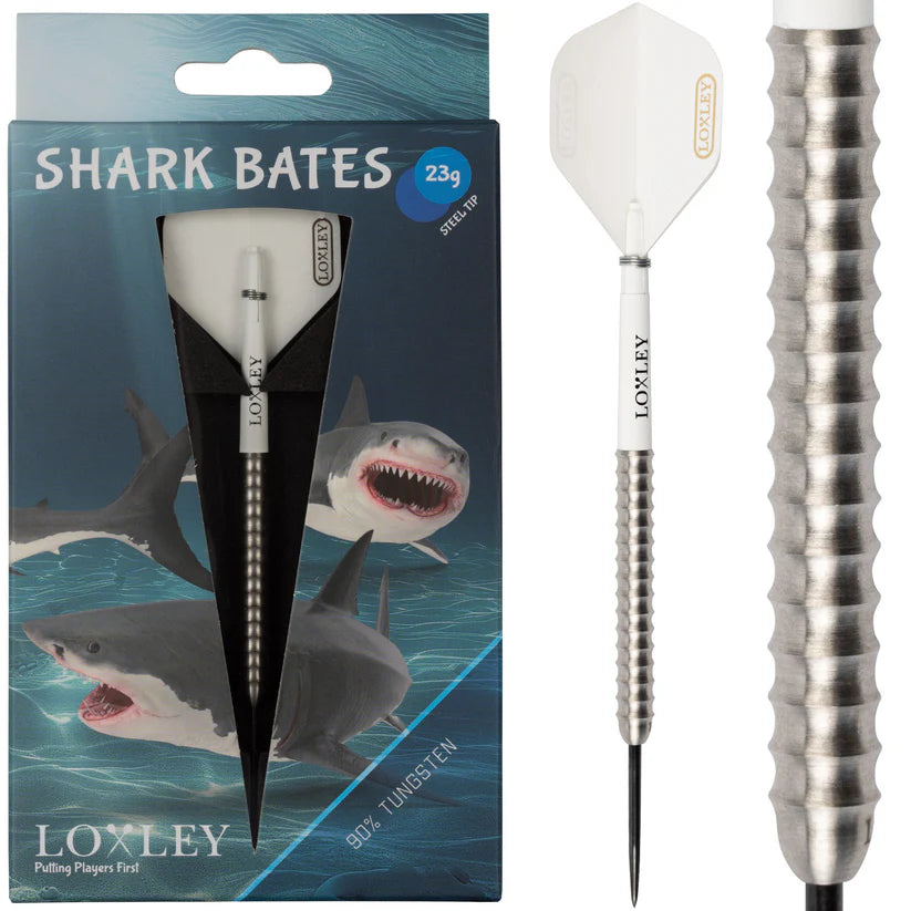 Tungsten steel tip dart in retail box with shark design, plus close-up of aggressive ringed barrel grip for enhanced throw control