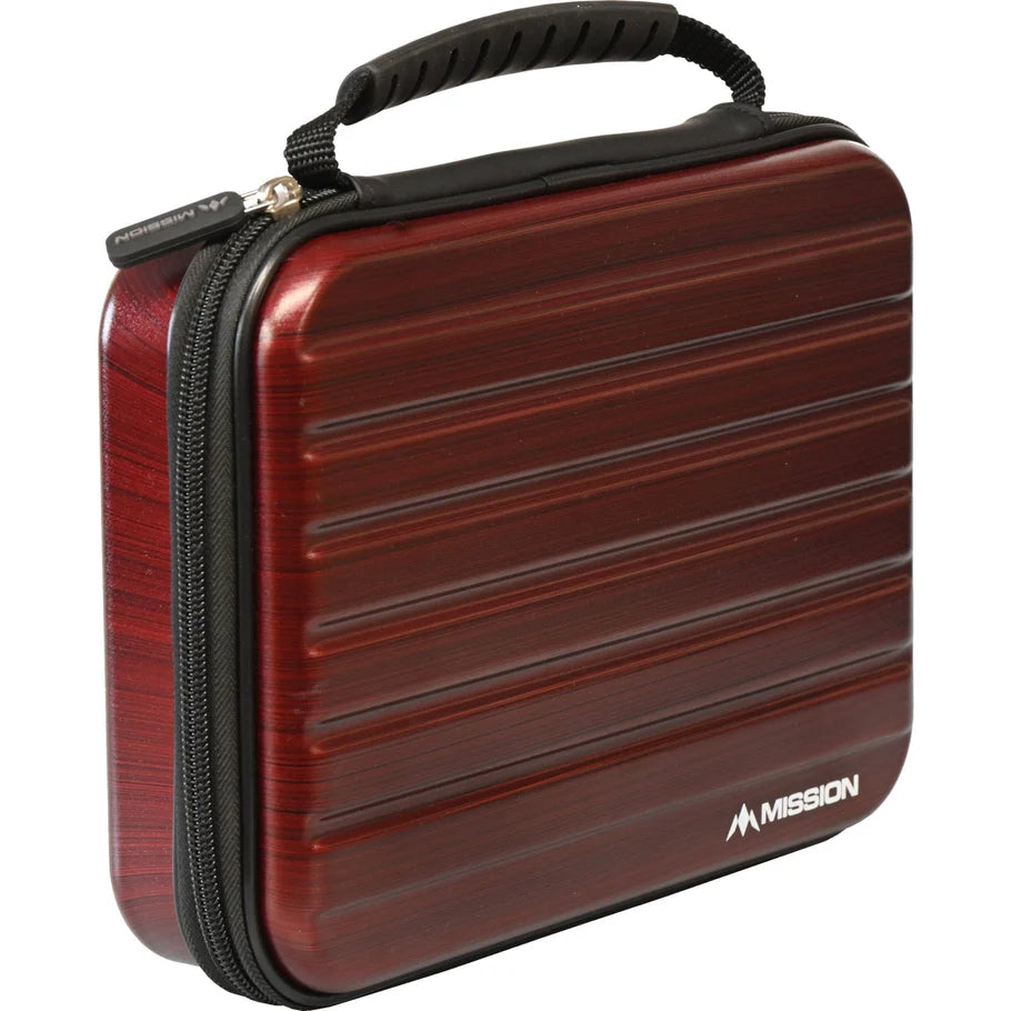 Metallic darts case with ridged hard shell and ergonomic handle, angled view, ideal for dart storage and protection