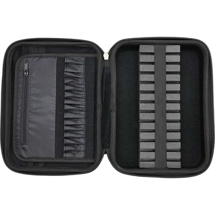 Open darts case top-down showing foam dividers, elastic straps, zip pouch, and compartments for shaft and flight storage