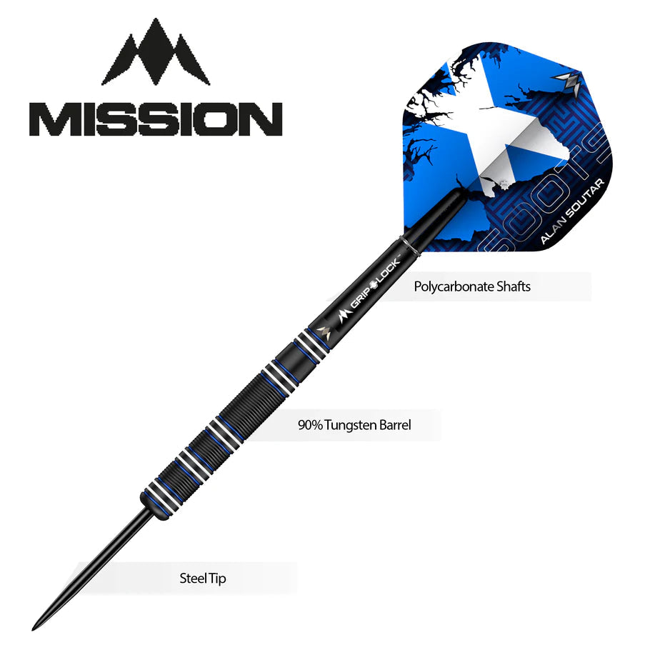 Full view tungsten steel tip dart with black titanium barrel, polycarbonate shaft, blue flight, parts labeled