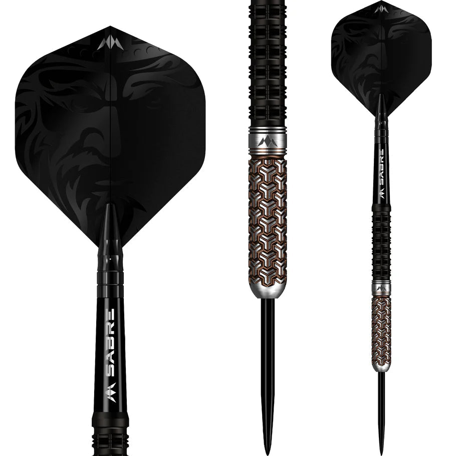 Black and bronze PVD tungsten darts with geometric grip detail, one close-up of barrel texture, isolated on white background