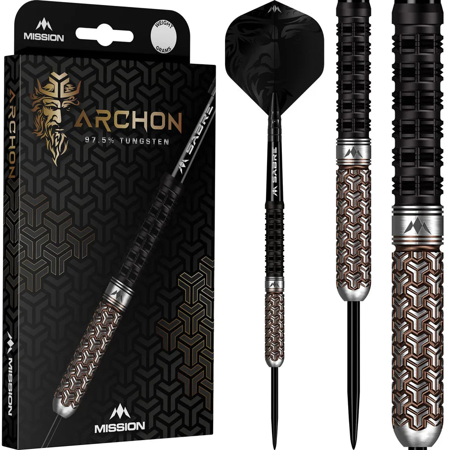 Tungsten darts full view with black and bronze PVD barrels, geometric grip texture, and retail box on white background