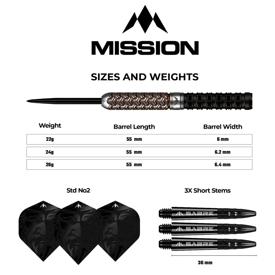 Full view of black and bronze tungsten dart with grip pattern, size chart, three black flights, and three 36mm short stems on white background