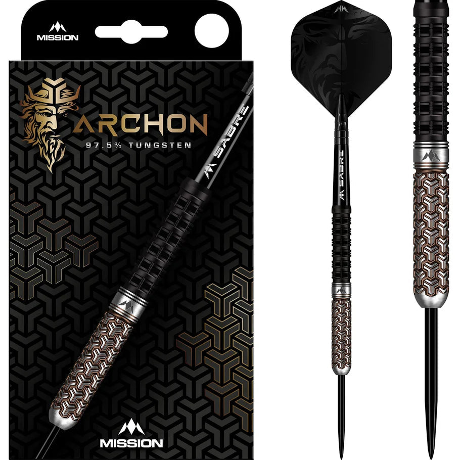 Full view tungsten darts in black and bronze PVD with geometric grip, one dart in retail packaging, one isolated on white background