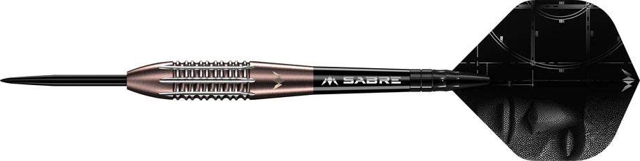 Full view tungsten dart on white background highlighting precision grip barrel, black point, and geometric flight design