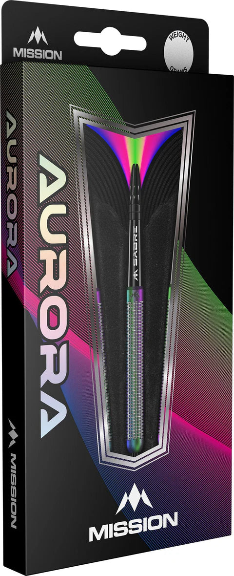 Angled view of tungsten darts in retail box, showcasing textured barrels and iridescent coral PVD coating for dart players