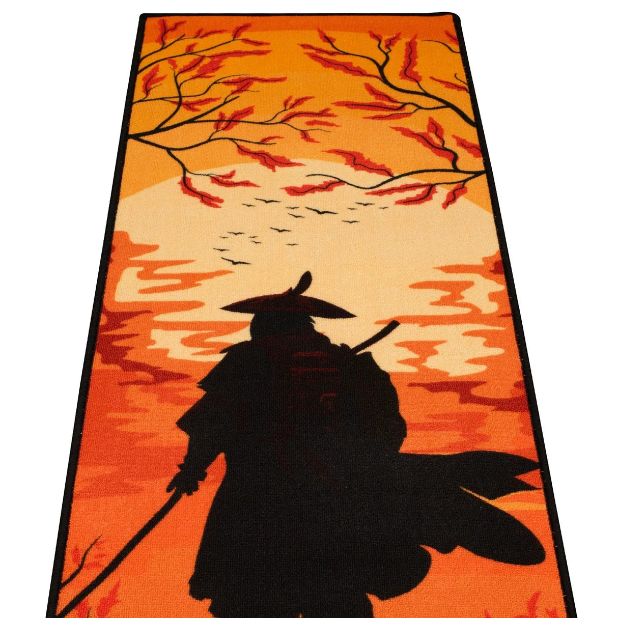 Close-up angled view of darts mat showing samurai silhouette design with sunset colors and detailed non-slip carpet texture