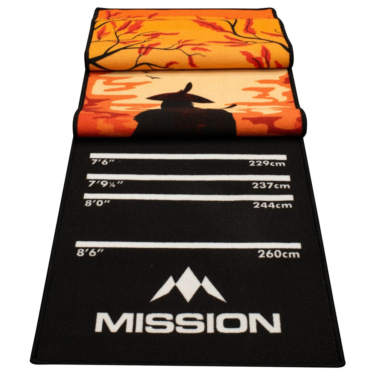 Top-down view of rolled darts mat showing throw lines with measurements, non-slip backing, and samurai-themed artwork