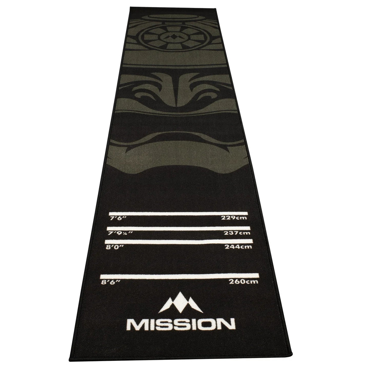 Top-down view of carpet darts mat with non-slip backing, distance markers in feet and centimeters, and bold samurai design for dartboard setup.