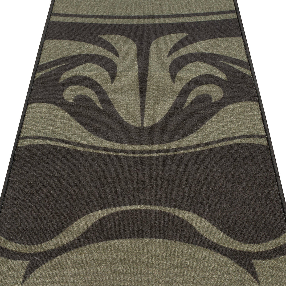Angled close-up of carpet darts mat featuring samurai face design and textured non-slip surface for home dart setup