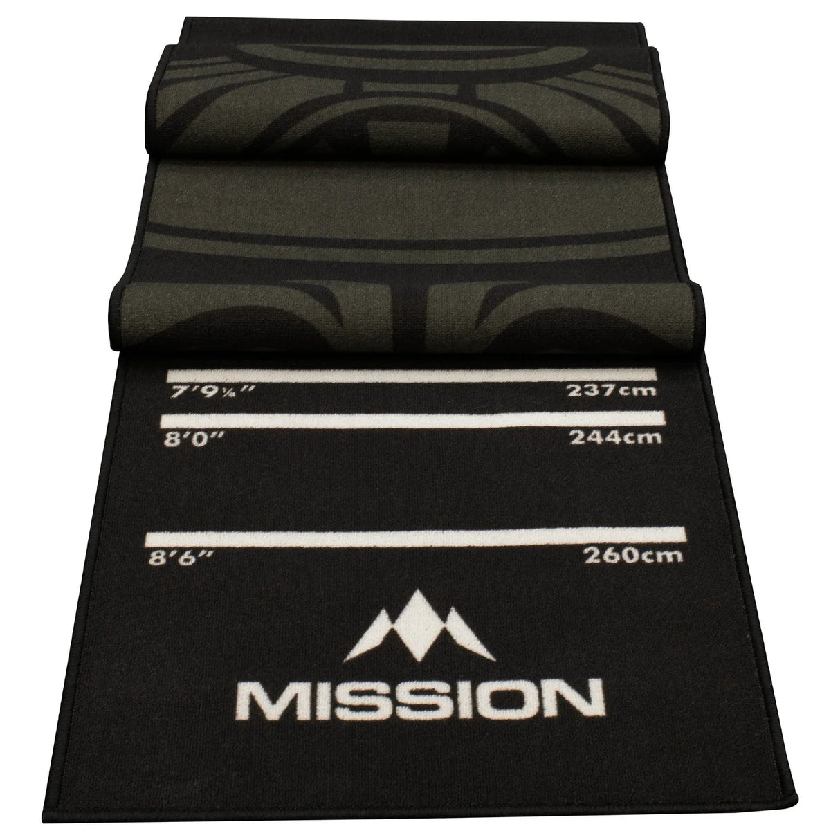 Darts mat partially unrolled on white background, showing oche throw lines with distance markers in cm and inches for dart setup