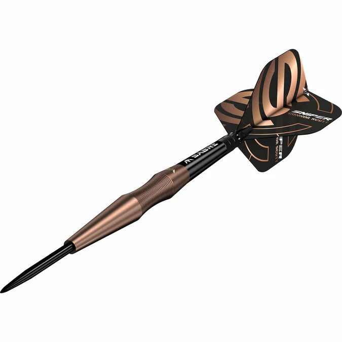 Angled view of tungsten dart with textured barrel, sharp steel tip, and black-copper flights on white background