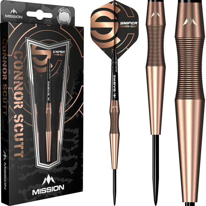 Connor Scutt 90 tungsten darts in packaging and close-up, showing precision barrel grip and sniper-themed flights for steel tip dart players