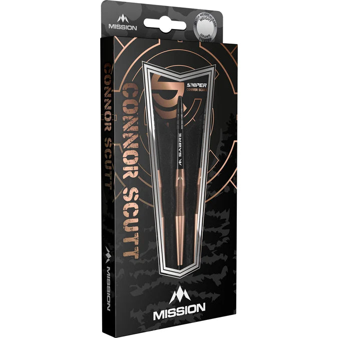Connor Scutt V2 Sniper 90% tungsten darts set in retail packaging, angled view showing full darts through clear display