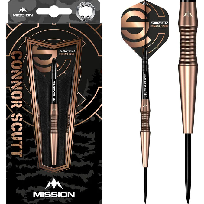 Full packaging of Connor Scutt V2 Sniper 90% tungsten darts with close-up of textured grip barrel and black-gold flight design