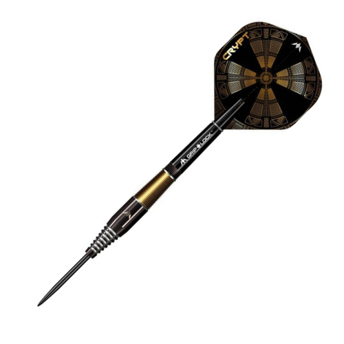 Angled view tungsten dart on white background with detailed micro-cut barrel grip and patterned black gold flight