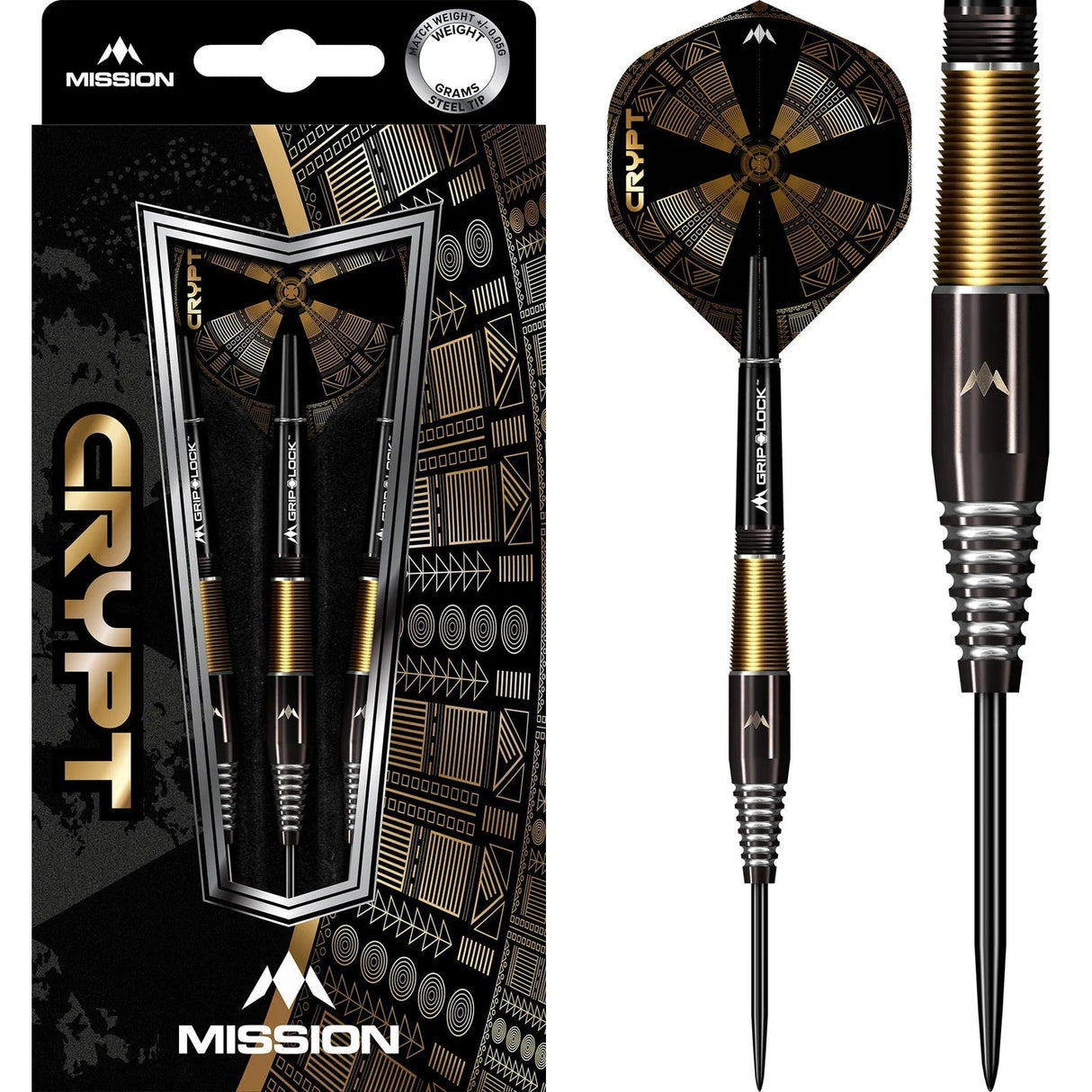 Three 90% tungsten steel tip darts in retail packaging with close-up of micro-cut barrel grip and geometric flights, black and gold detail