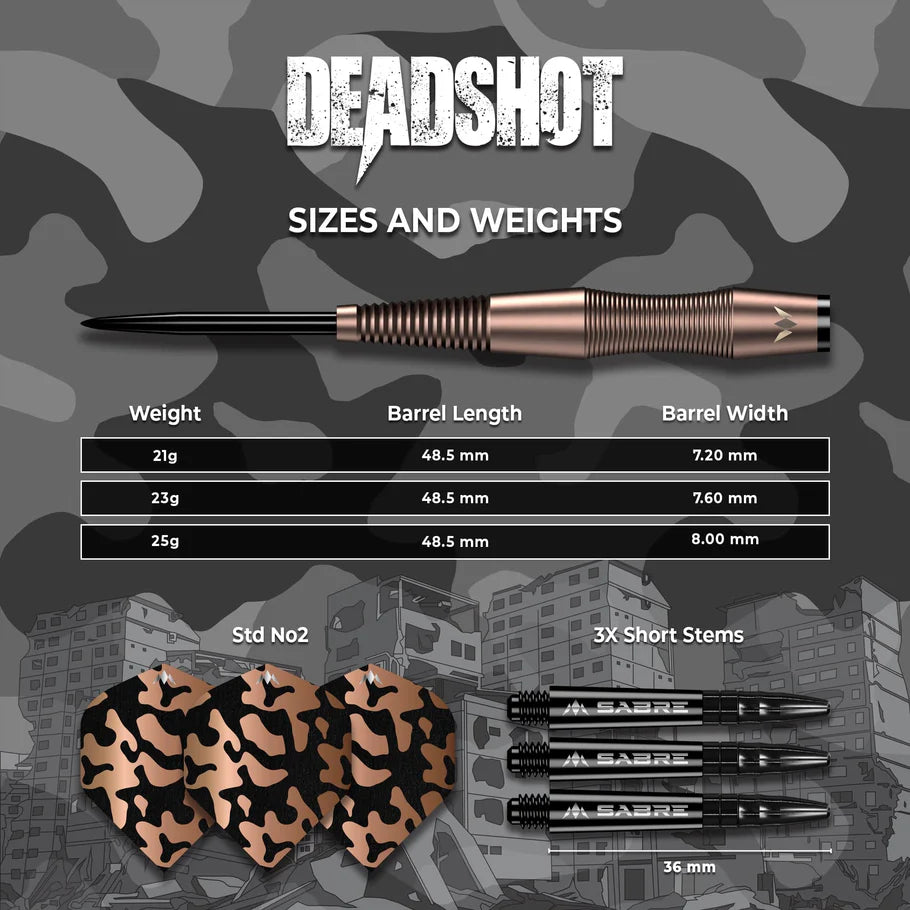 Angled tungsten dart with close-up barrel grip, camo flights, short stems, and size chart for weights and dimensions, 95% tungsten darts