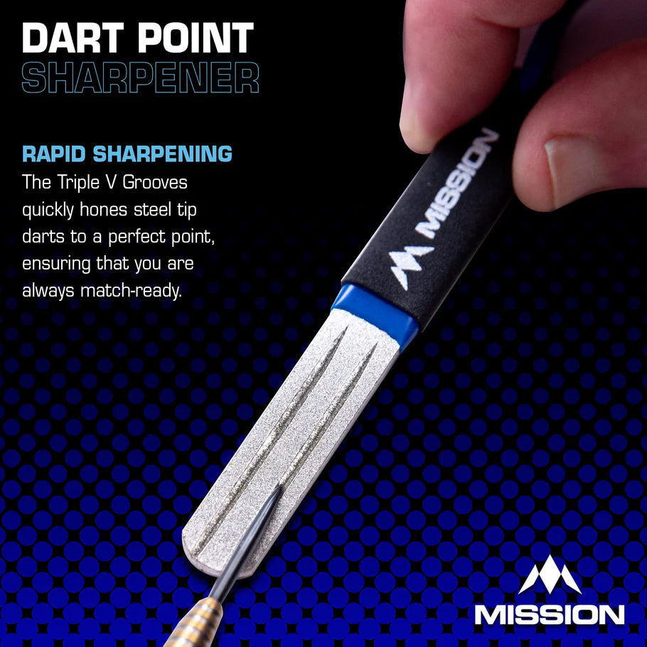 Hand holding diamond dart point sharpener with steel tip dart pressed to grooved abrasive surface for sharpening, close-up view