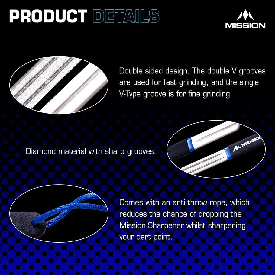 Close-up macro view of dart point sharpener showing diamond grooves, dual V grinding surfaces, and blue anti-drop rope for darts.