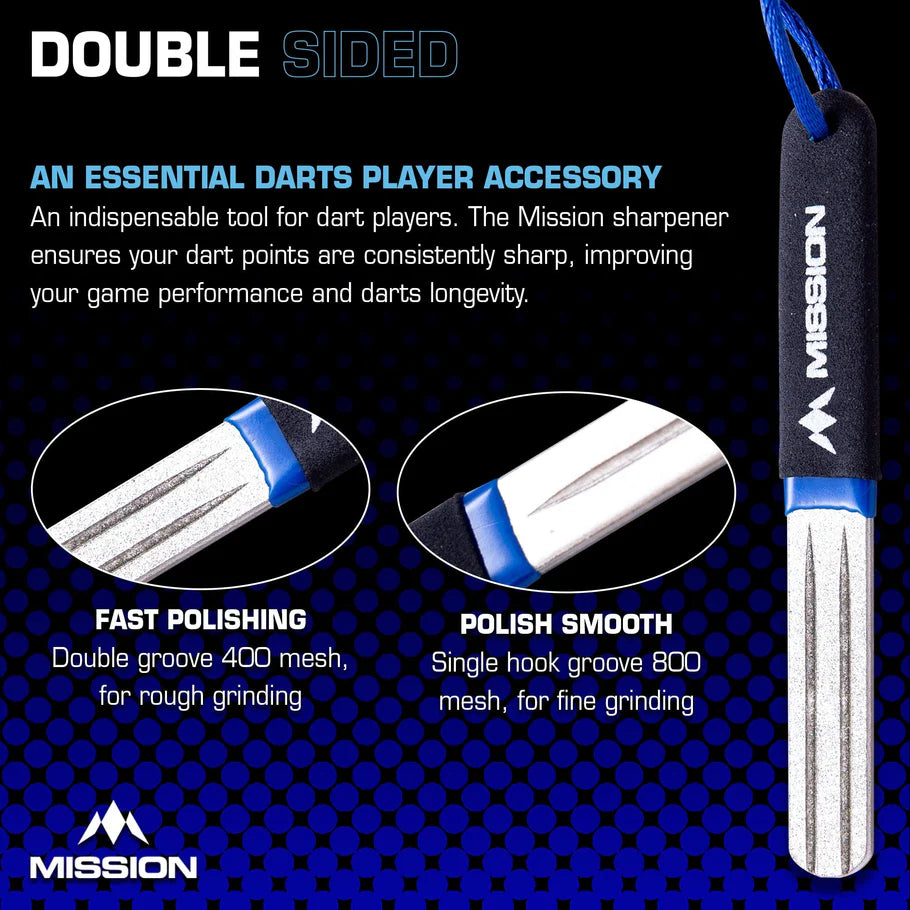 Dual-sided dart point sharpener shown with close-up views of 400 mesh rough and 800 mesh fine grooves, ideal for steel tip dart maintenance.