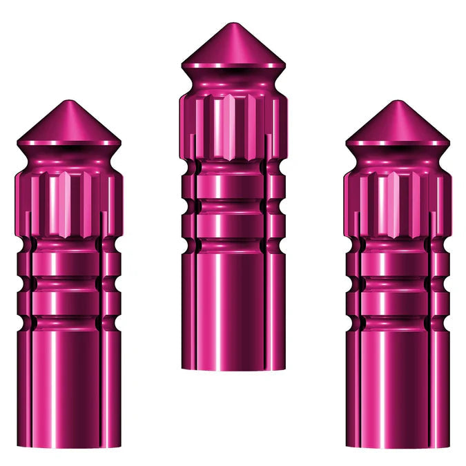 Three metallic pink aluminum dart flight protectors with grooved grip texture, full view on white background