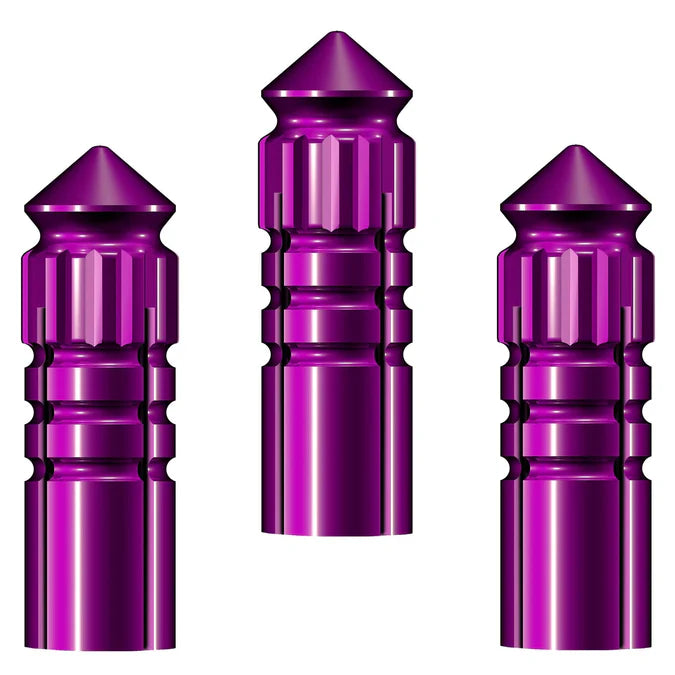 Three purple aluminium dart flight protectors with ridged grip texture, isolated on white, full product view for dart accessories.