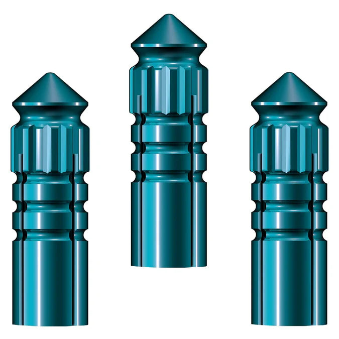 Set of three metallic teal dart flight protectors with textured grip, full view on white background, essential dart accessory