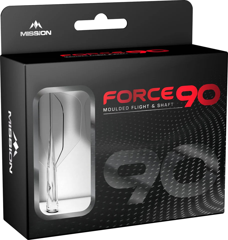 Angled box view of Force 90 moulded dart flights and shafts in retail packaging with clear display window showing No.6 flight shape.