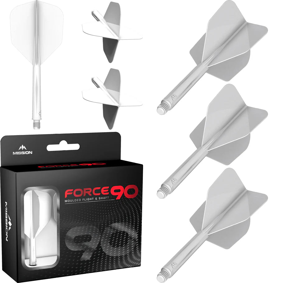 White No.6 moulded dart flights and shafts set with retail box, close-up and angled views for dart accessories