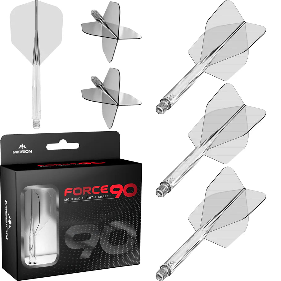 Three No.6 moulded dart flights with clear shafts arranged on white, plus branded Force 90 retail box for flight system display
