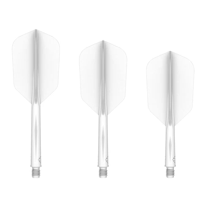 Three slim dart flights with shafts in white, full product view on white background, highlighting flight shape and shaft connection