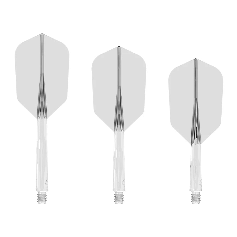 Three slim clear dart flights with shafts arranged upright on white background for dart setup comparison