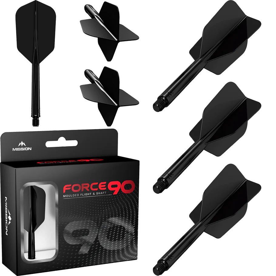 Slim black moulded dart flights with shafts shown from various angles and full view, displayed with retail packaging on white background