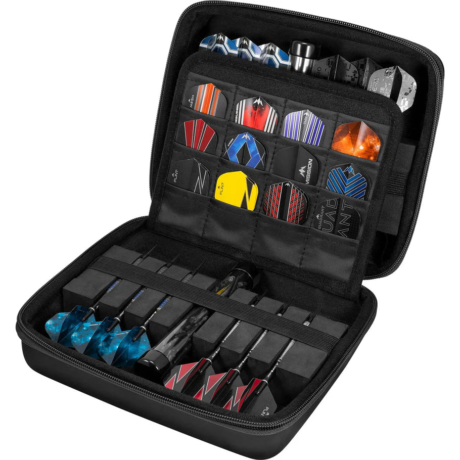Open black darts case with multiple darts, colorful flights, and compartments, angled view showcasing storage and dart organization
