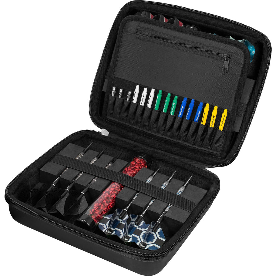 Open extra-large black darts case with organized darts, shafts, and flights in foam compartments and accessory pockets
