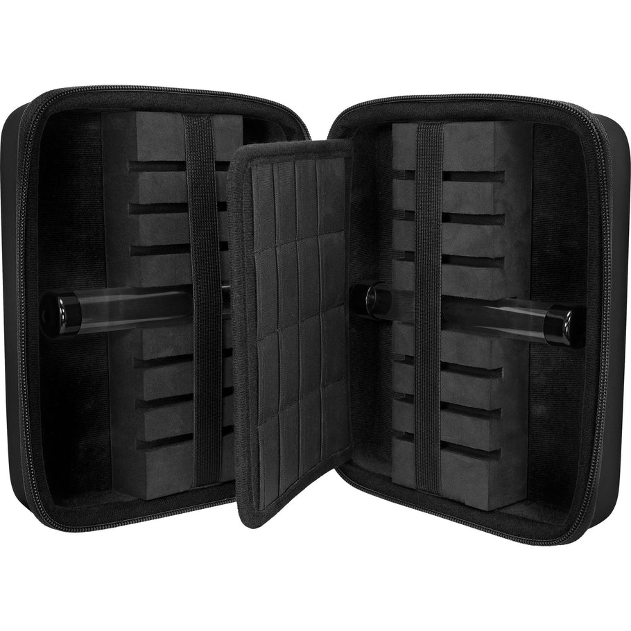 Open black darts case with foam slots and elastic straps, angled to display spacious interior for dart storage and accessories
