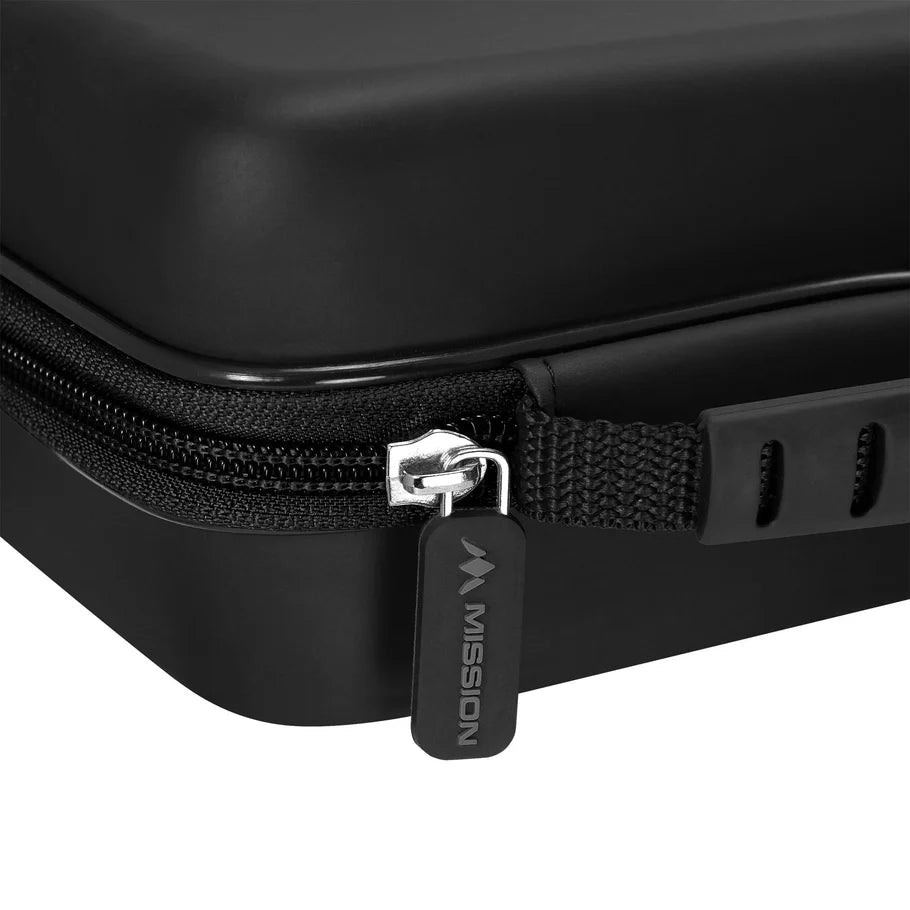 Close-up of black darts case zipper and durable EVA shell, highlighting robust dart storage case construction