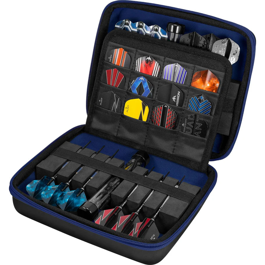 Open blue extra-large darts case with multiple fully assembled darts, flights, and accessories neatly organized in interior pockets