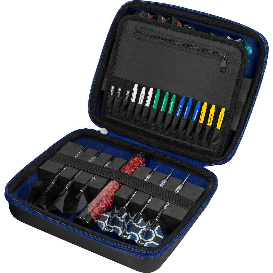 Top-down view of blue darts case open, displaying organized dart sets, flights, shafts, and accessories in dedicated storage slots