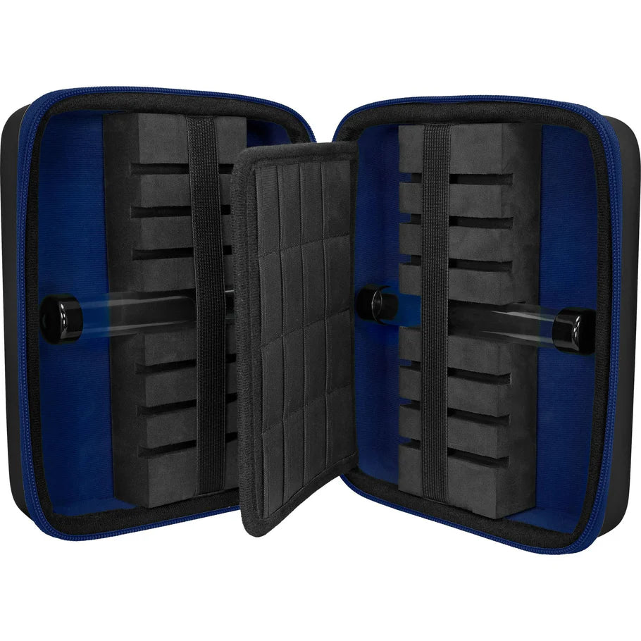 Open blue darts case with foam slots and elastic straps for secure dart storage, durable EVA interior, full product view