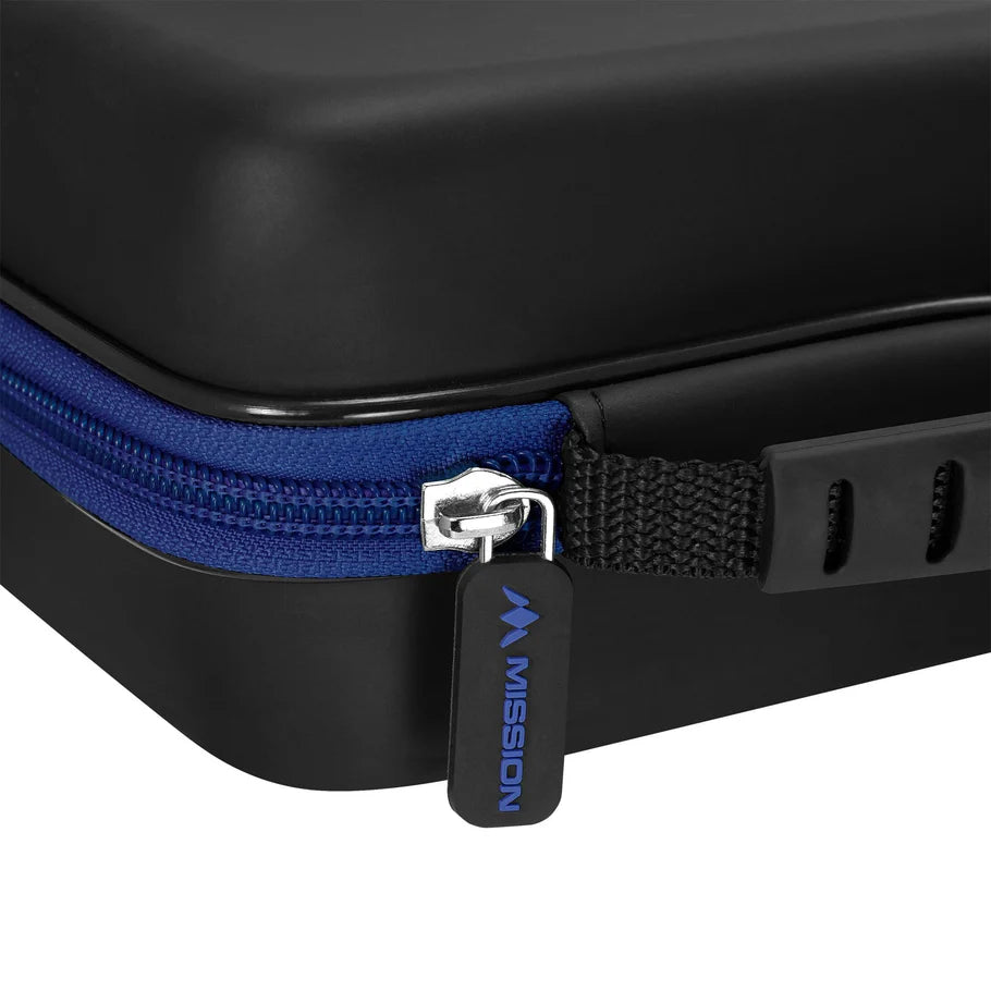 Close-up of Luxor Blue darts case zipper and strap, highlighting durable EVA shell and secure closure for dart equipment storage