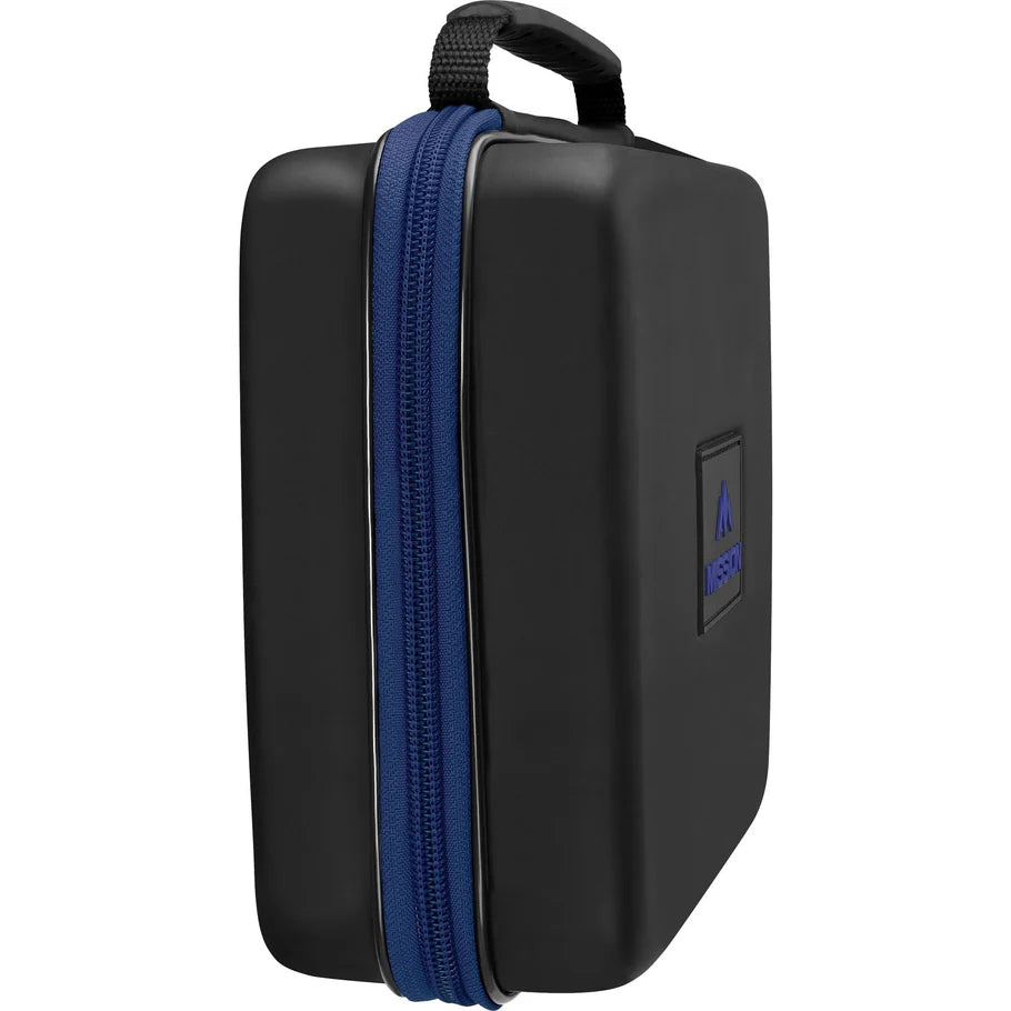 Angled view of closed extra-large black darts case with blue zipper and carry handle, shown isolated for dart storage