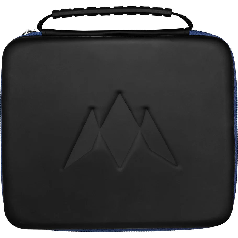 Extra-large black darts case with blue sides shown closed, featuring textured handle and embossed geometric front panel