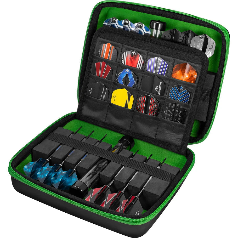 Open extra-large dart case with multiple darts and flights organized in black foam sections and pockets, green interior, angled view
