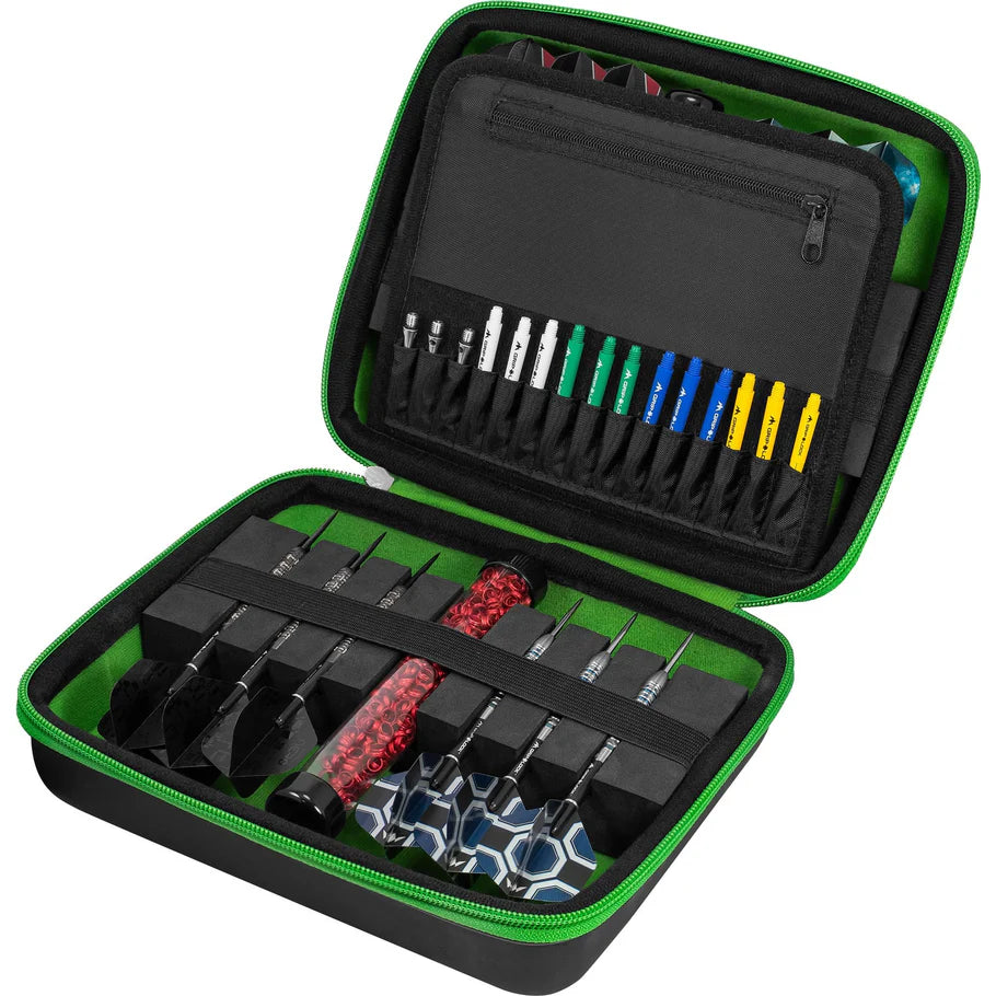 Open green-edged darts case displaying multiple assembled darts, extra shafts, flights, and organized dart storage compartments