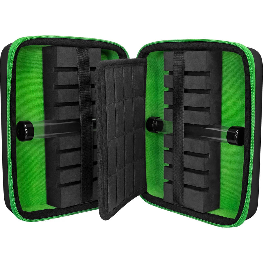 Open extra-large green darts case with foam slots, elastic straps, and transparent storage tubes for dart accessories