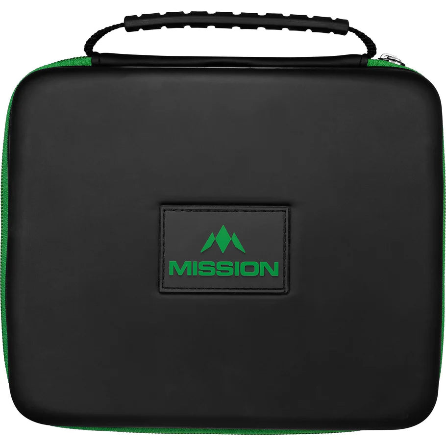 Full front view of extra-large black and green darts case with handle, EVA construction, and embossed logo for dart storage